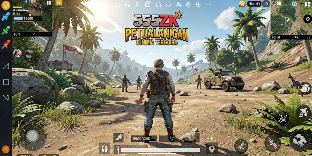 Tangkapan layar gameplay 555ZK yang menunjukkan petualangan luas di dunia terbuka.