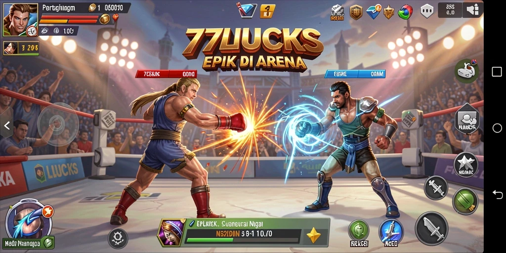 Screenshot menunjukkan aksi pertarungan seru di 77LUCKS.