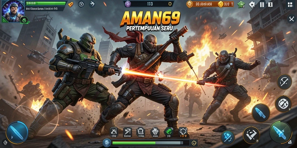 Tampilan gameplay AMAN69 dengan aksi pertempuran yang seru dan mendebarkan.
