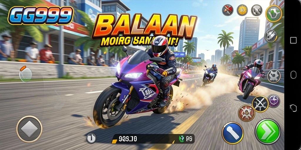 Screenshot gameplay GG999 menampilkan serunya aksi balapan motor.