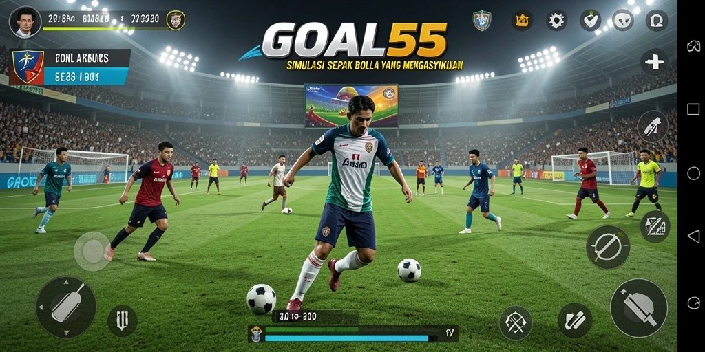Screenshot gameplay <strong>GOAL55</strong> dengan aksi seru di lapangan sepak bola.