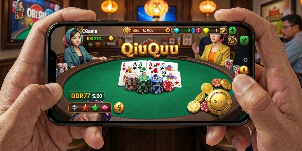 Tampilan seru gameplay QiuQiu IDR77 dengan kartu-kartu menarik.
