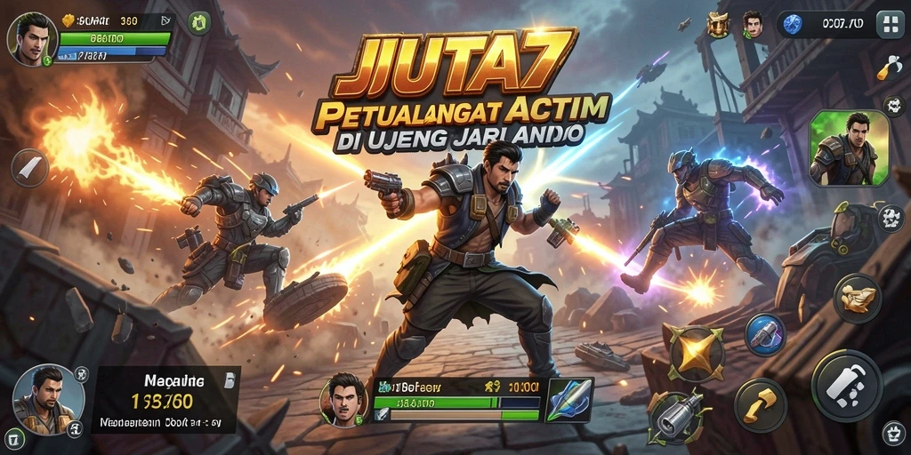 Tangkapan layar utama JUTA7 menunjukkan aksi pertarungan yang mendebarkan.