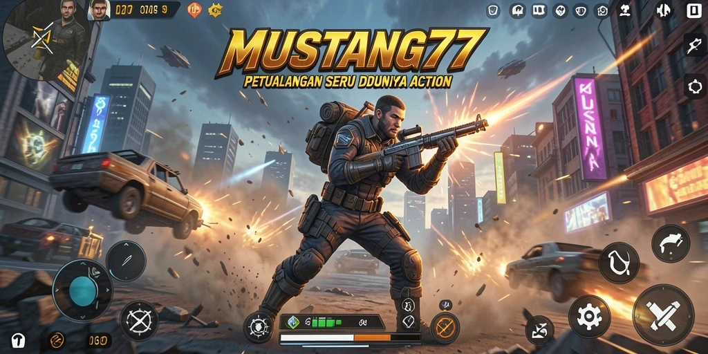 Screenshot gameplay MUSTANG77 menampilkan aksi seru di medan perang.