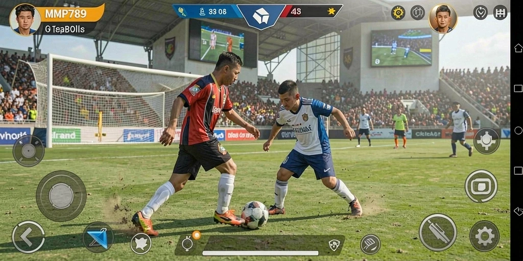 Screenshot menunjukkan aksi seru di lapangan sepak bola.