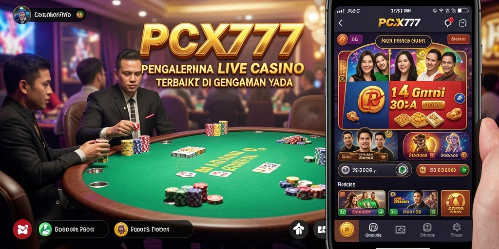 Screenshot gameplay PCX777 menampilkan dealer profesional dan suasana permainan Live Casino yang seru.