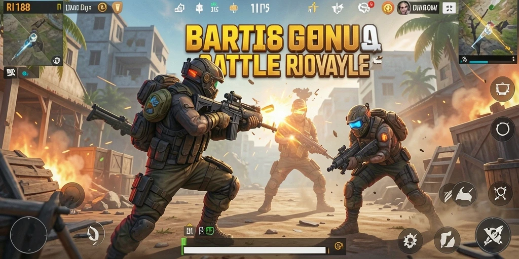 Screenshot gameplay RI188 saat pertempuran Battle Royale yang intens.