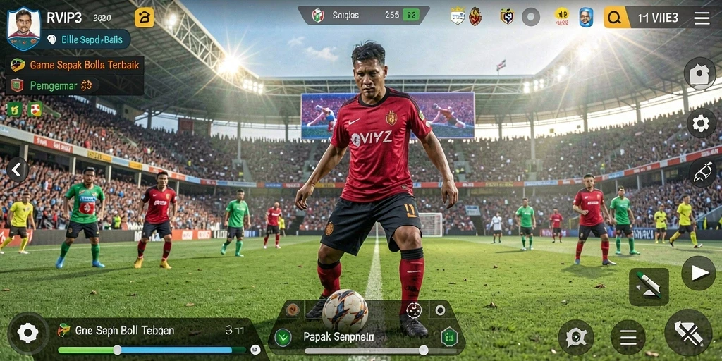 Screenshot menampilkan gameplay sepak bola yang intens dan nyata.