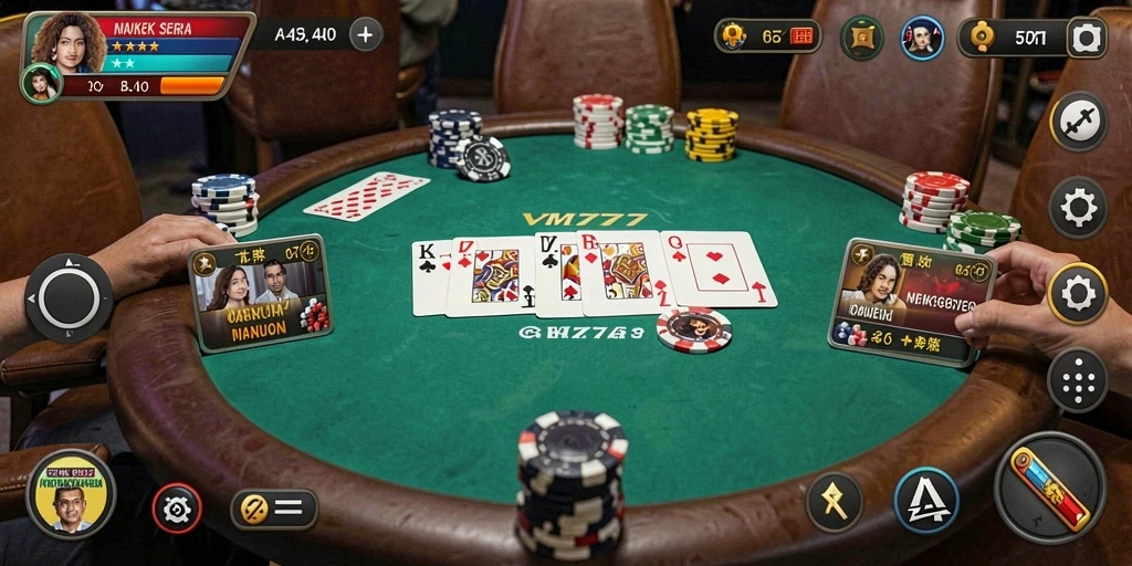 Screenshot gameplay VM777 menampilkan aksi Poker yang seru dan mendebarkan.